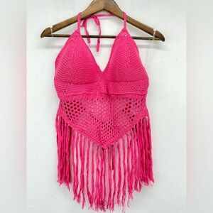 Trendy Threads size 1X Women’s Pink Mesh Crochet Boho Fringe Hem Halter Top NWT